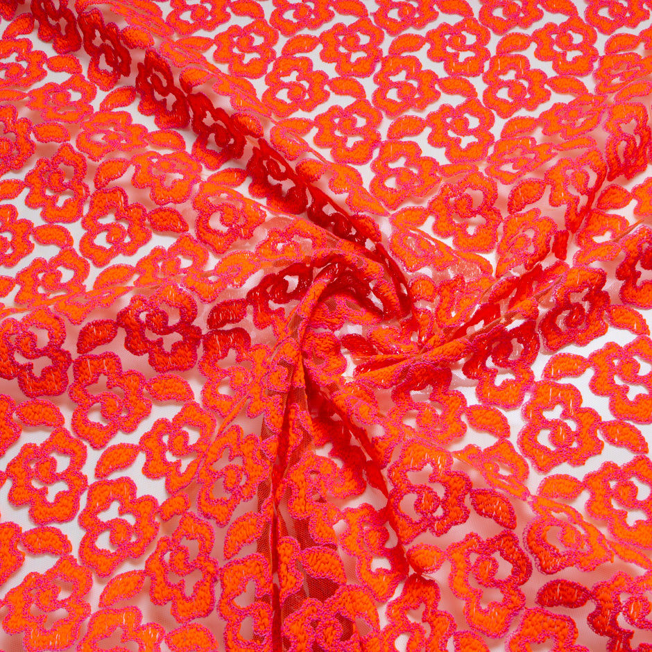 Fluorescent Orange & Pink Embroidered Tulle