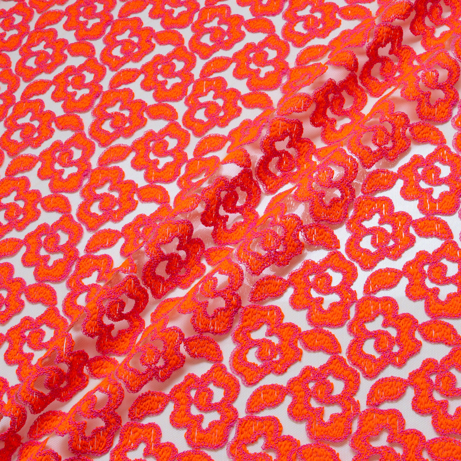 Fluorescent Orange & Pink Embroidered Tulle