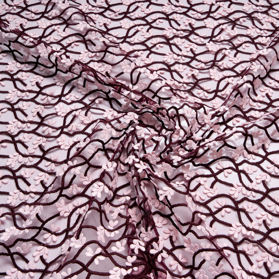 Soft Pink Floral Embroidered Bordeaux Tulle