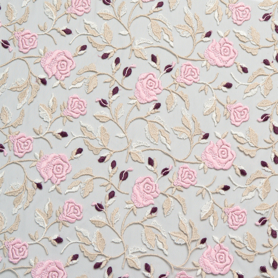 Pink Rose Floral Embroidered Black Tulle