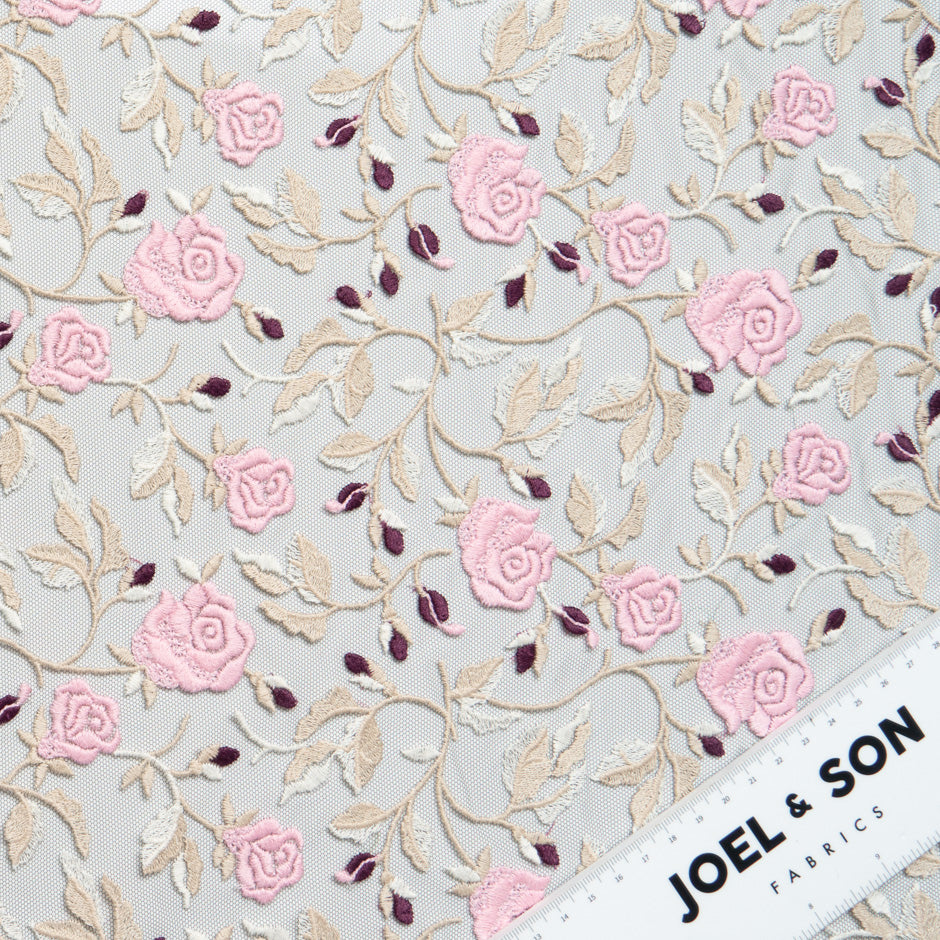 Pink Rose Floral Embroidered Black Tulle