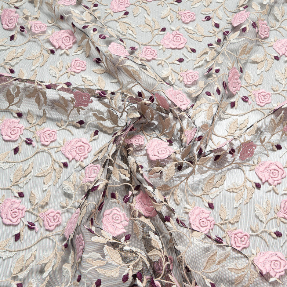 Pink Rose Floral Embroidered Black Tulle