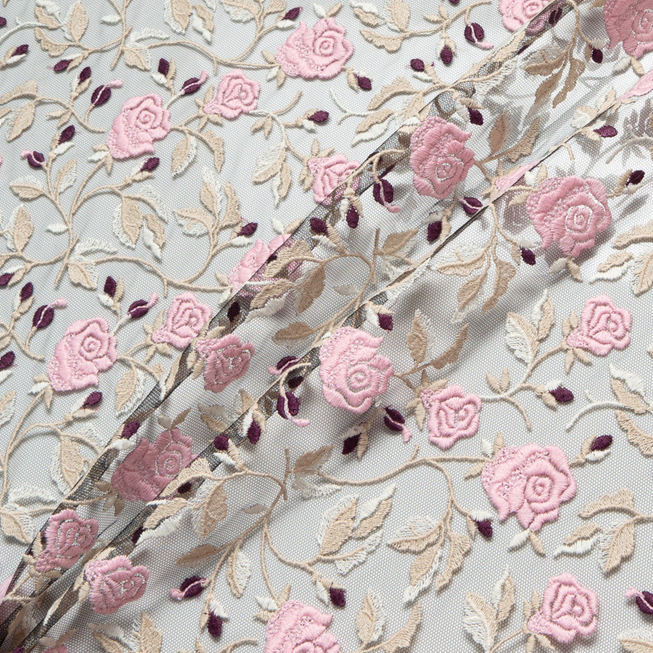 Pink Rose Floral Embroidered Black Tulle
