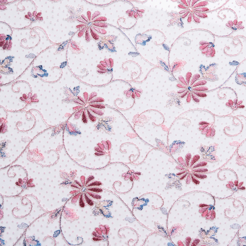 Floral & Spot Embroidered Pink Tulle