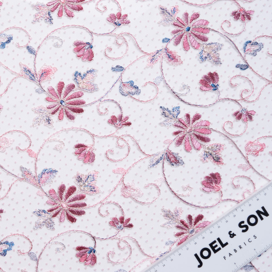 Floral & Spot Embroidered Pink Tulle