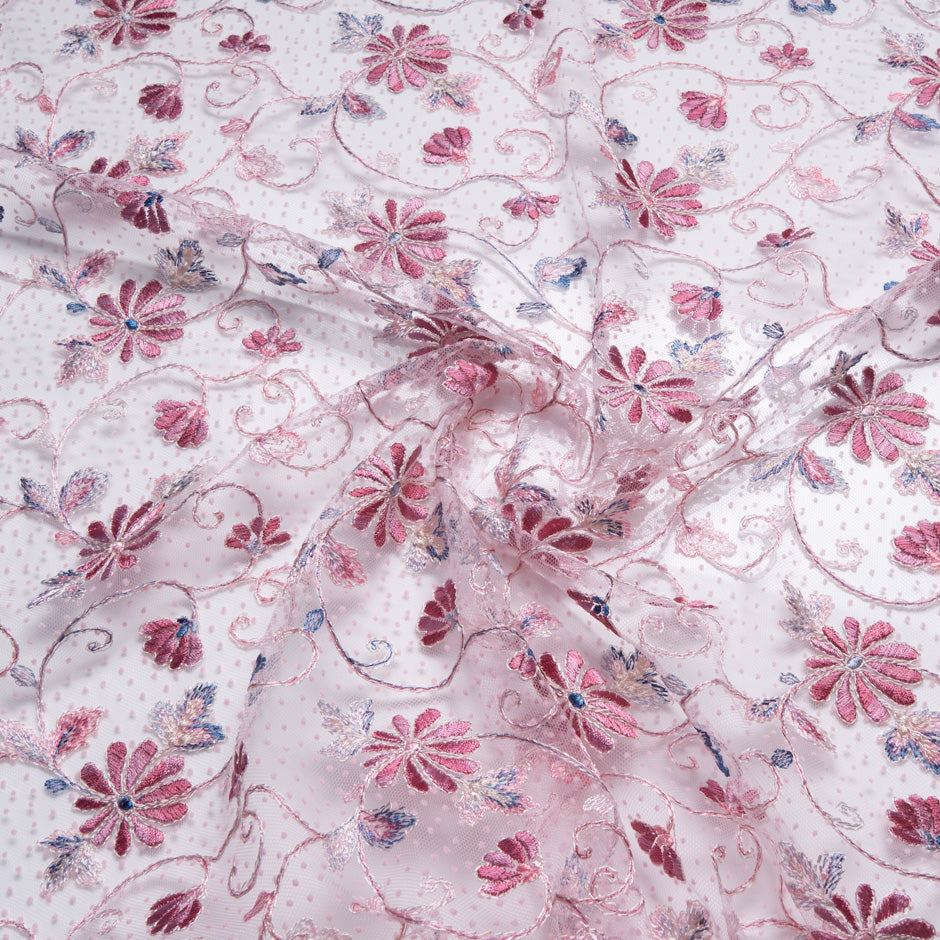 Floral & Spot Embroidered Pink Tulle