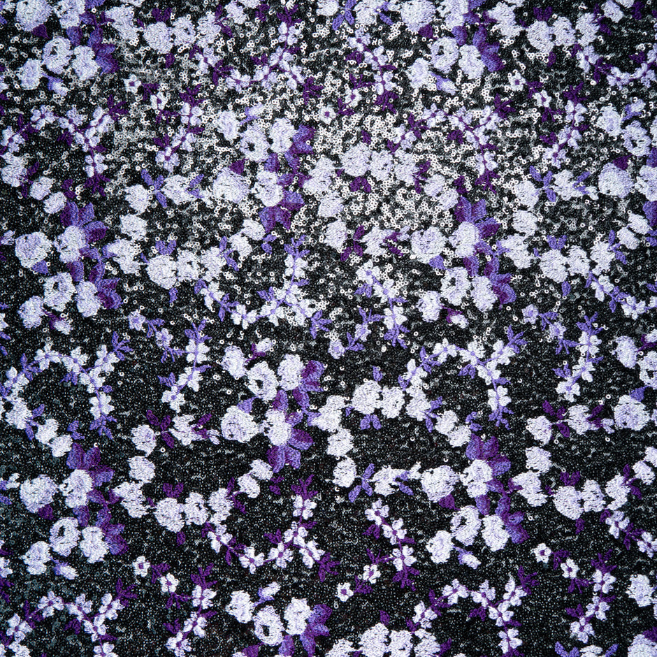 Lilac & Purple Floral Embroidered Sequinned Tulle