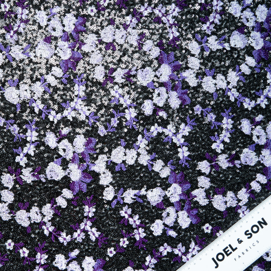 Lilac & Purple Floral Embroidered Sequinned Tulle
