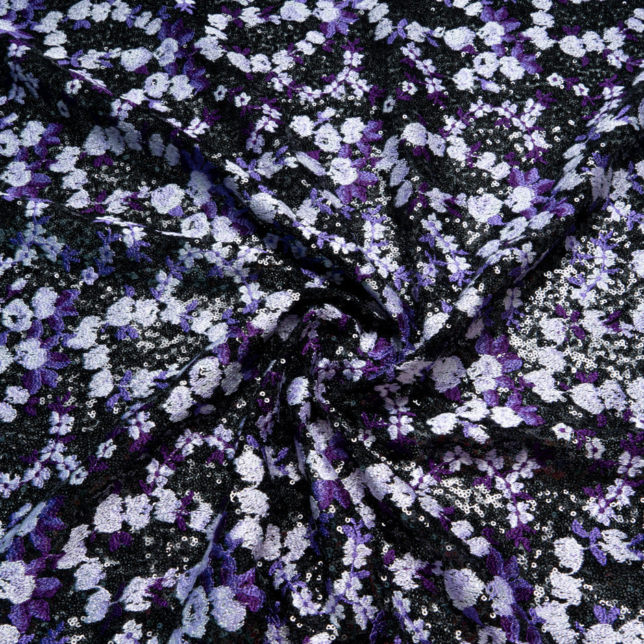 Lilac & Purple Floral Embroidered Sequinned Tulle