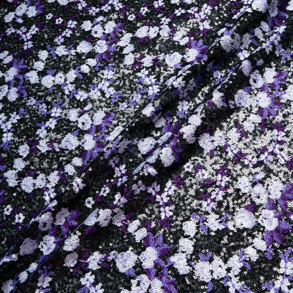 Lilac & Purple Floral Embroidered Sequinned Tulle