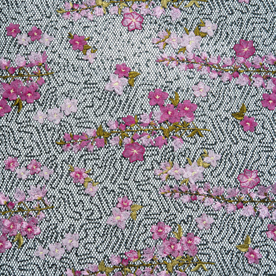Floral Embroidered Black Mesh