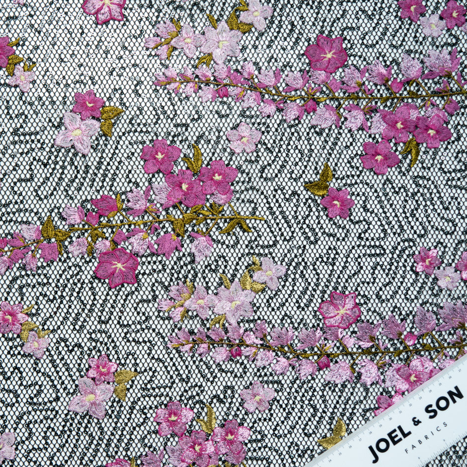 Floral Embroidered Black Mesh