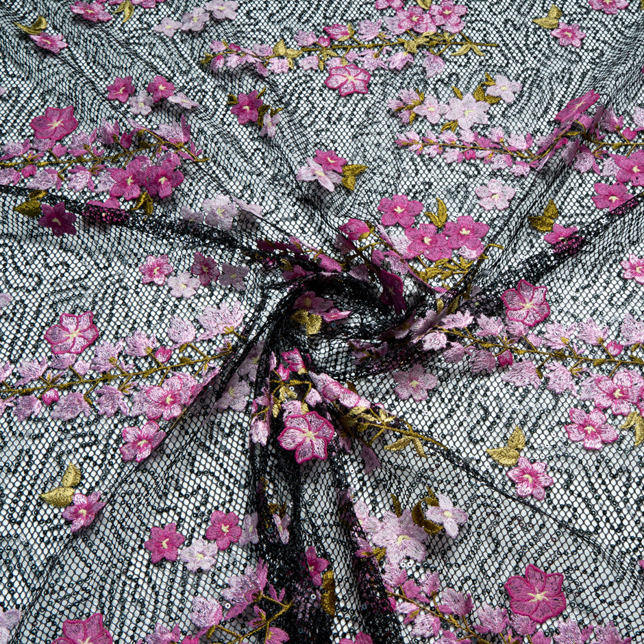 Floral Embroidered Black Mesh