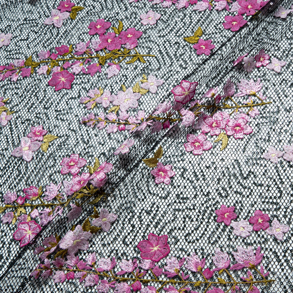 Floral Embroidered Black Mesh