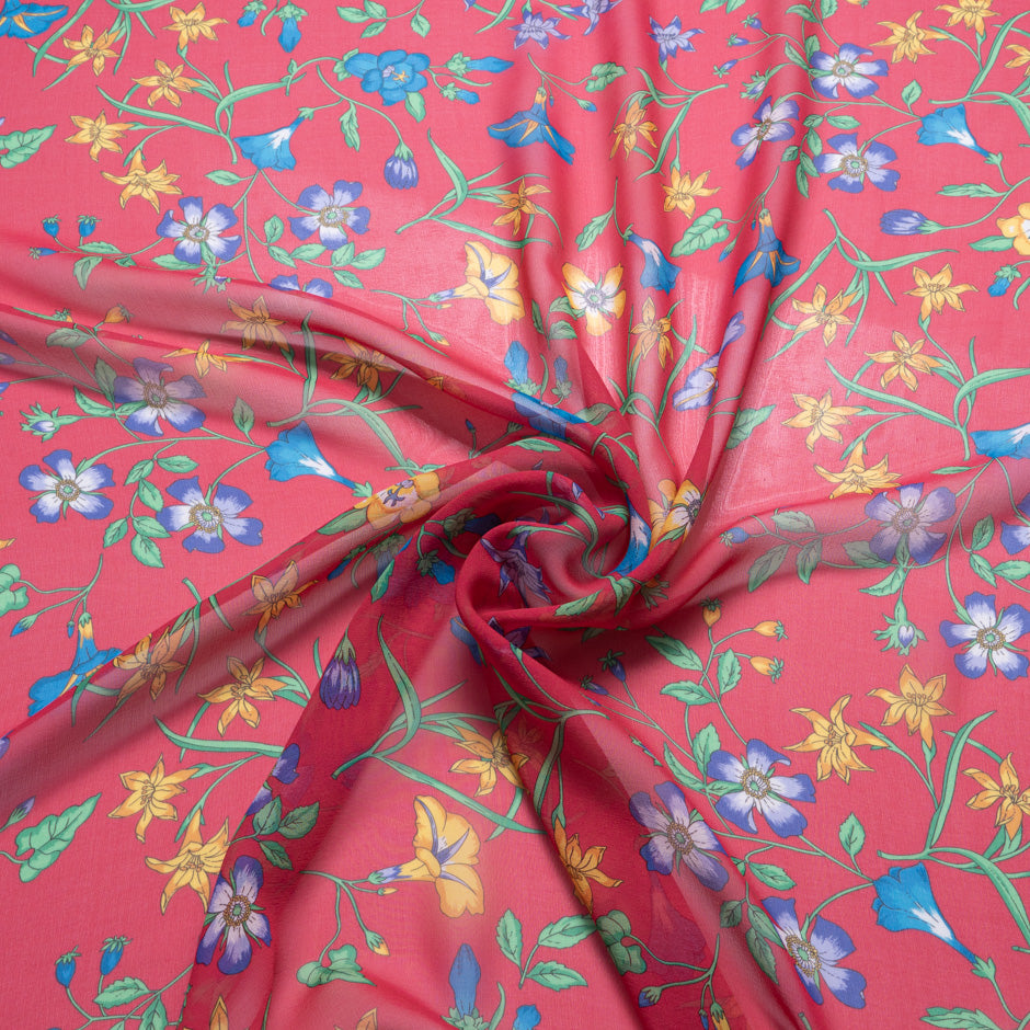 Multi Floral Printed Cherry Pink Silk Georgette