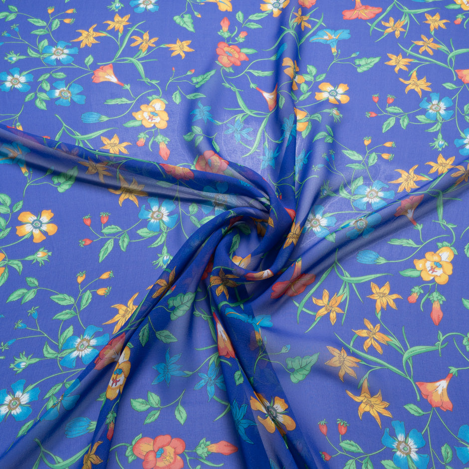 Multi Floral Printed Royal Blue Silk Georgette