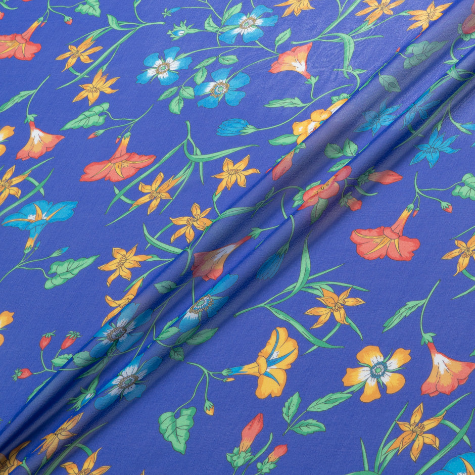 Multi Floral Printed Royal Blue Silk Georgette