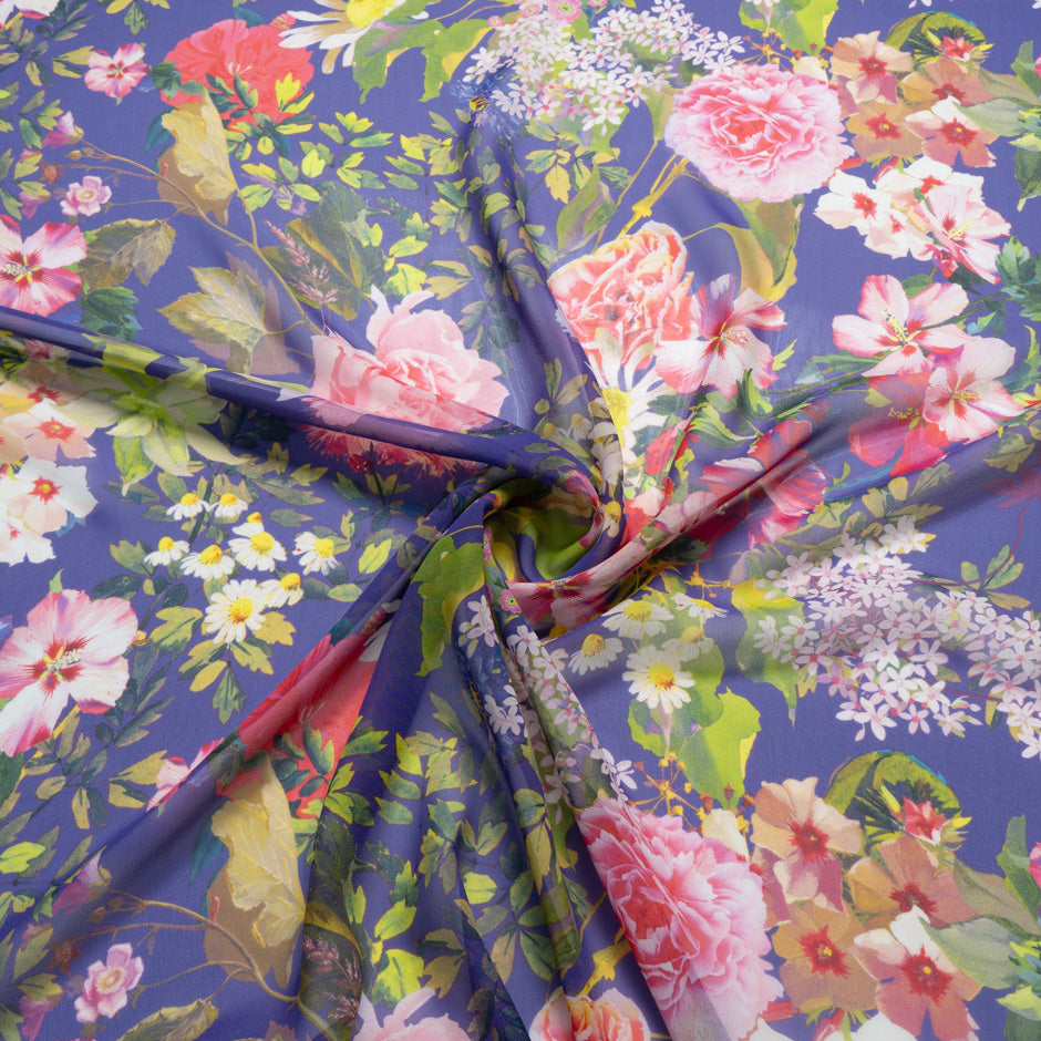 Multi Floral Printed Purple Pure Silk Georgette