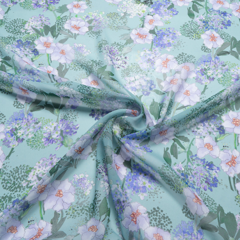 Multi Floral Printed Mint Pure Silk Georgette