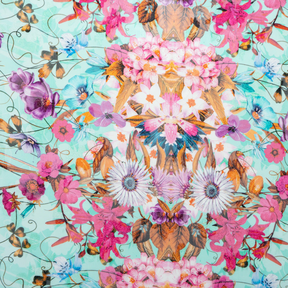 Multi Floral Aqua Metallic Silk Georgette