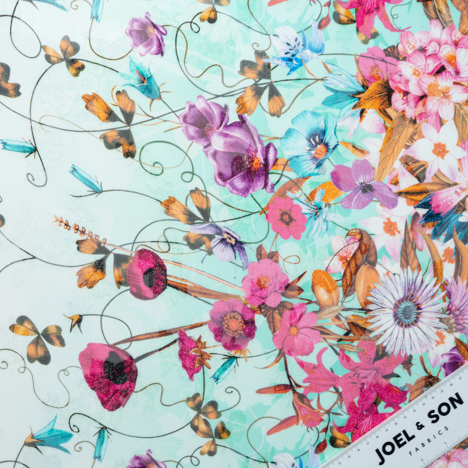 Multi Floral Aqua Metallic Silk Georgette