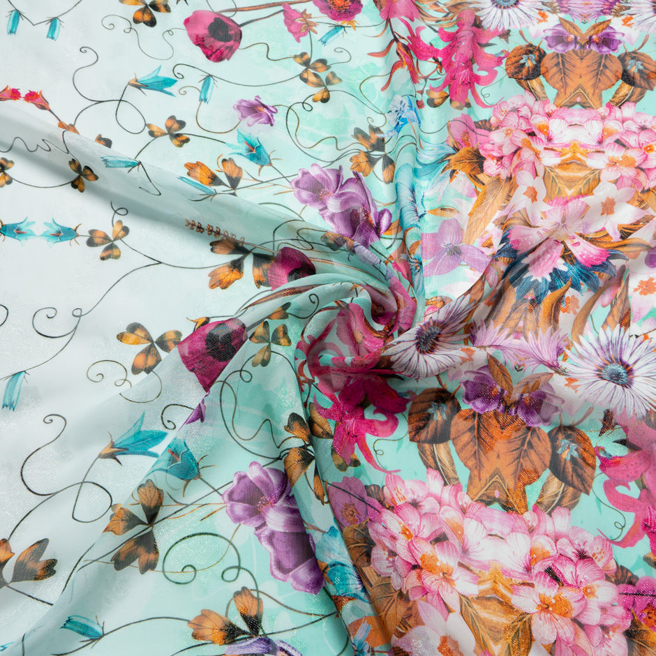 Multi Floral Aqua Metallic Silk Georgette