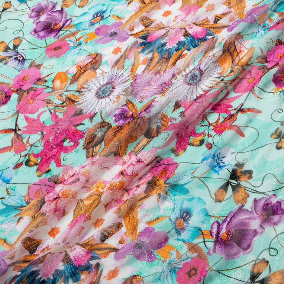 Multi Floral Aqua Metallic Silk Georgette
