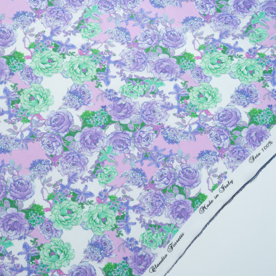 Lilac & Green Floral Printed Silk Georgette
