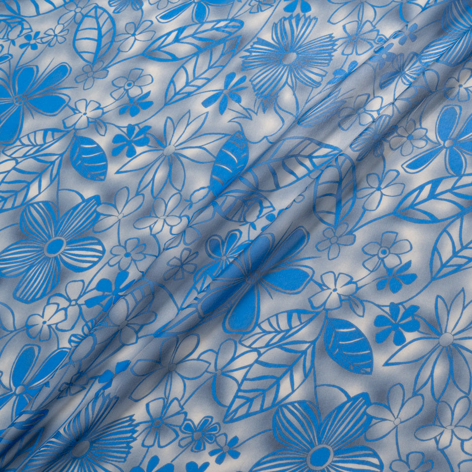 Blue Floral Printed Grey Pure Silk Georgette