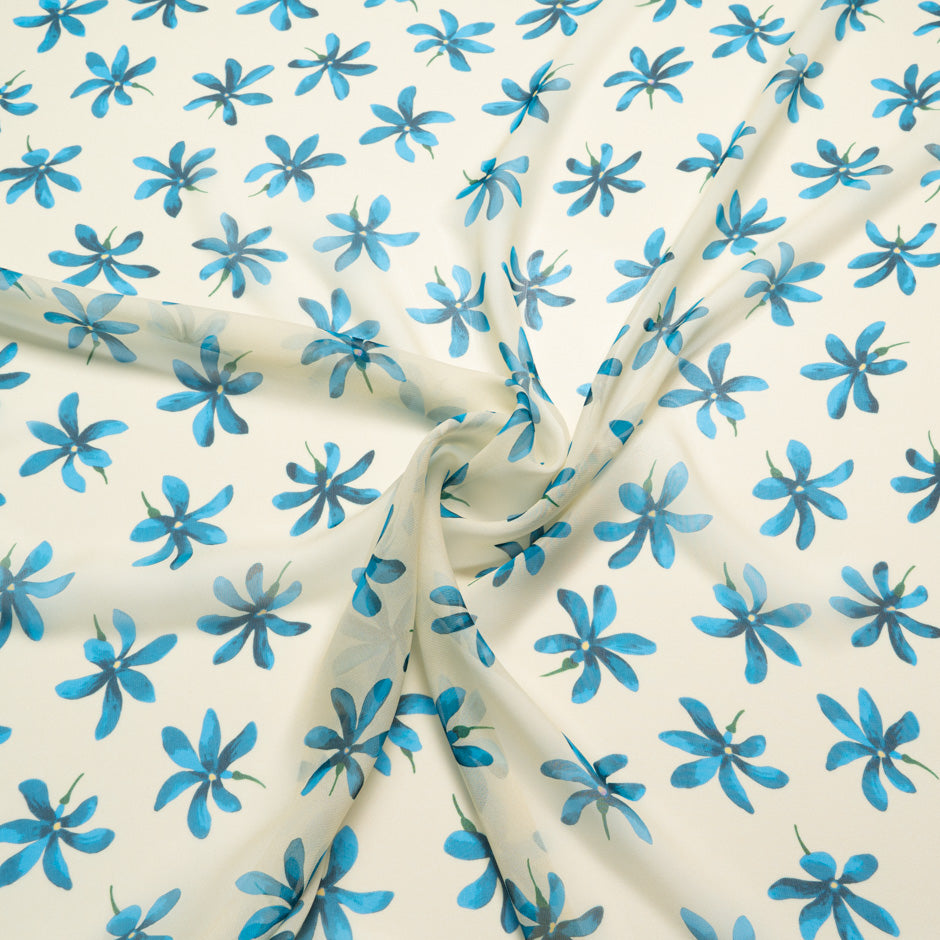 Turquoise Blue Floral Printed Cream Silk Georgette