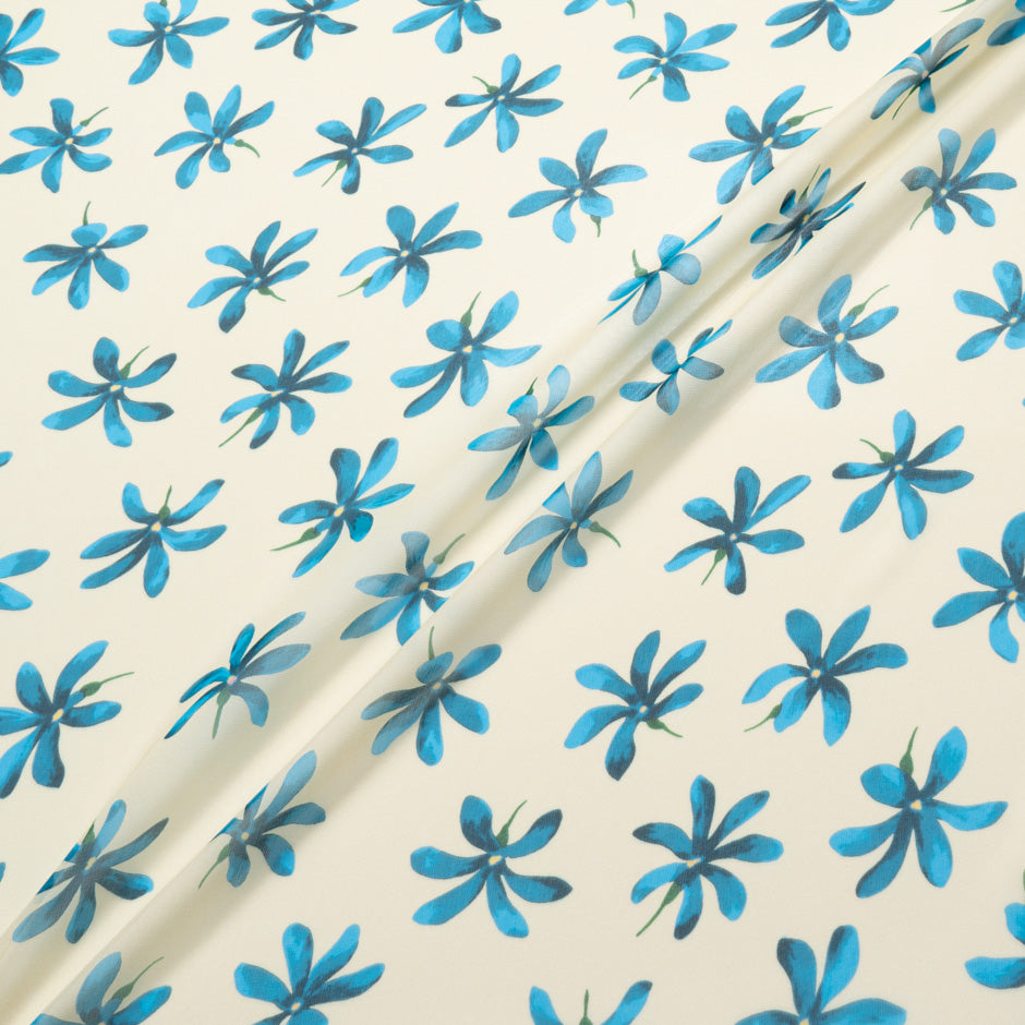 Turquoise Blue Floral Printed Cream Silk Georgette