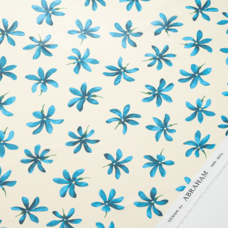 Turquoise Blue Floral Printed Cream Silk Georgette