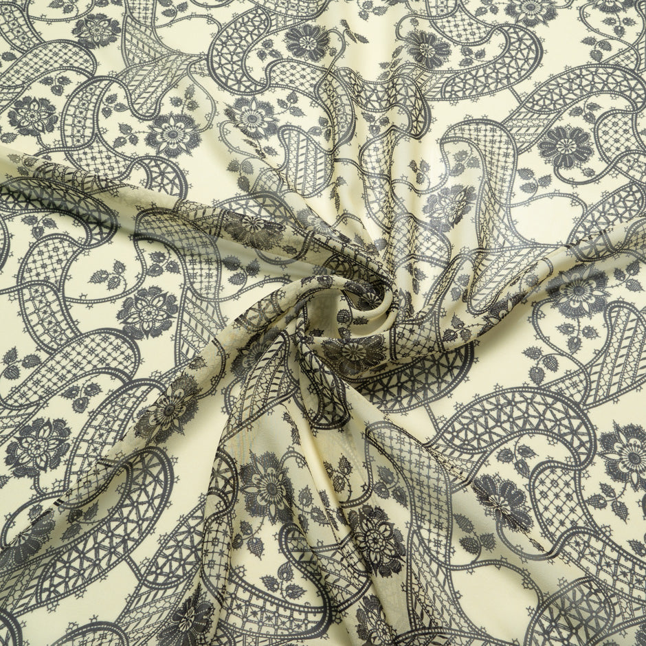 Black Lace Printed Yellow Pure Silk Georgette