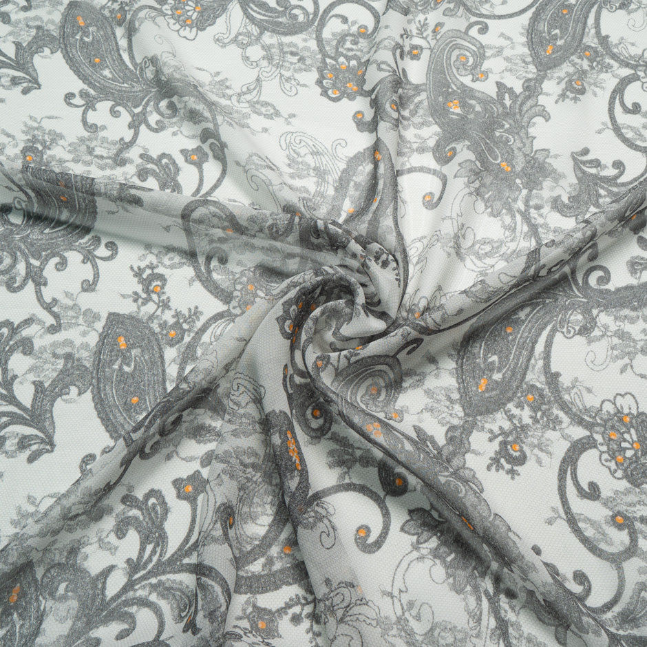 Grey & Orange Floral Printed Silk Georgette
