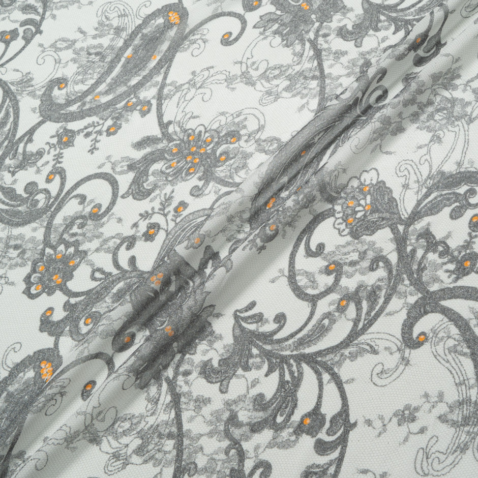 Grey & Orange Floral Printed Silk Georgette