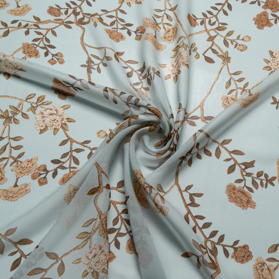 Brown Floral Printed Blue Pure Silk Georgette
