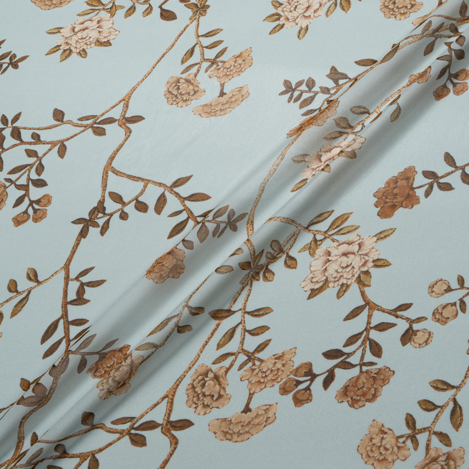 Brown Floral Printed Blue Pure Silk Georgette