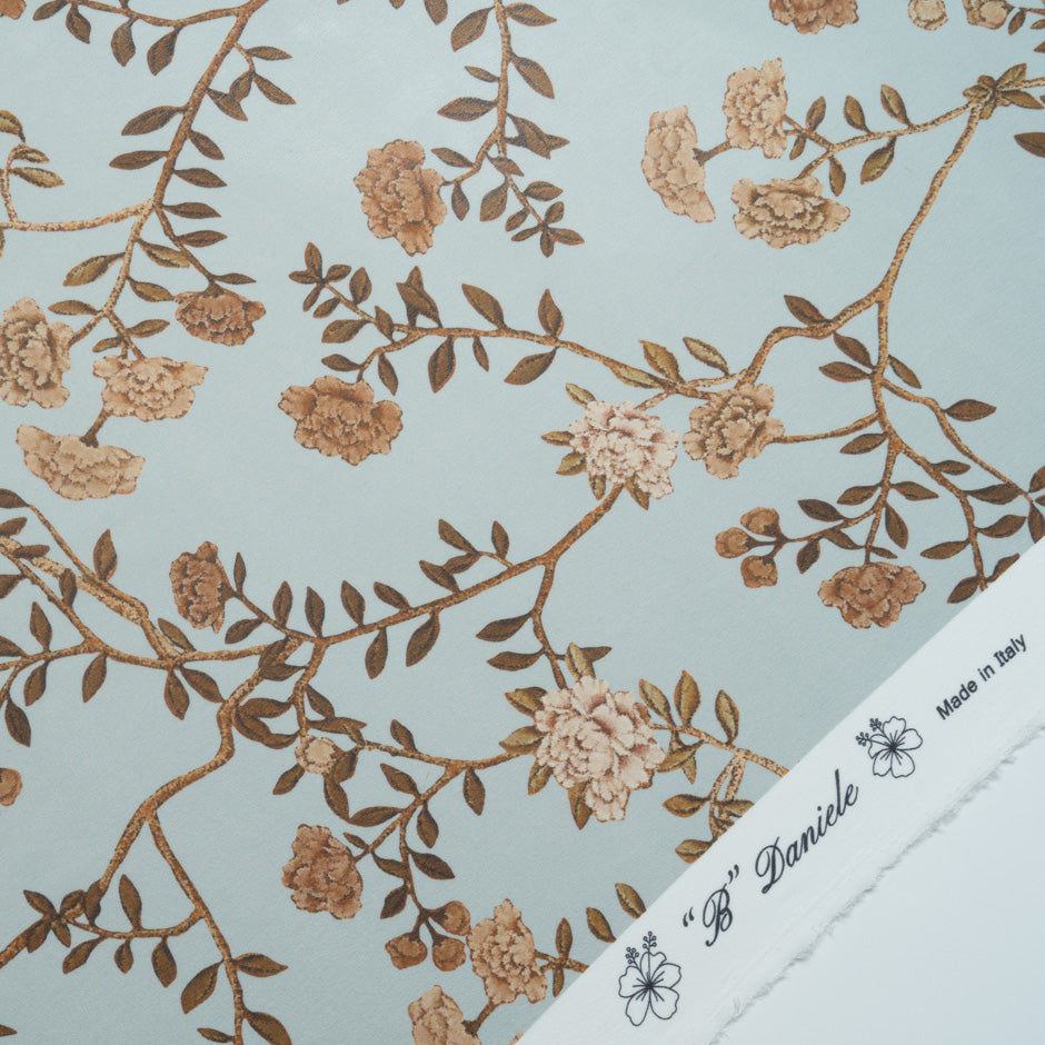 Brown Floral Printed Blue Pure Silk Georgette