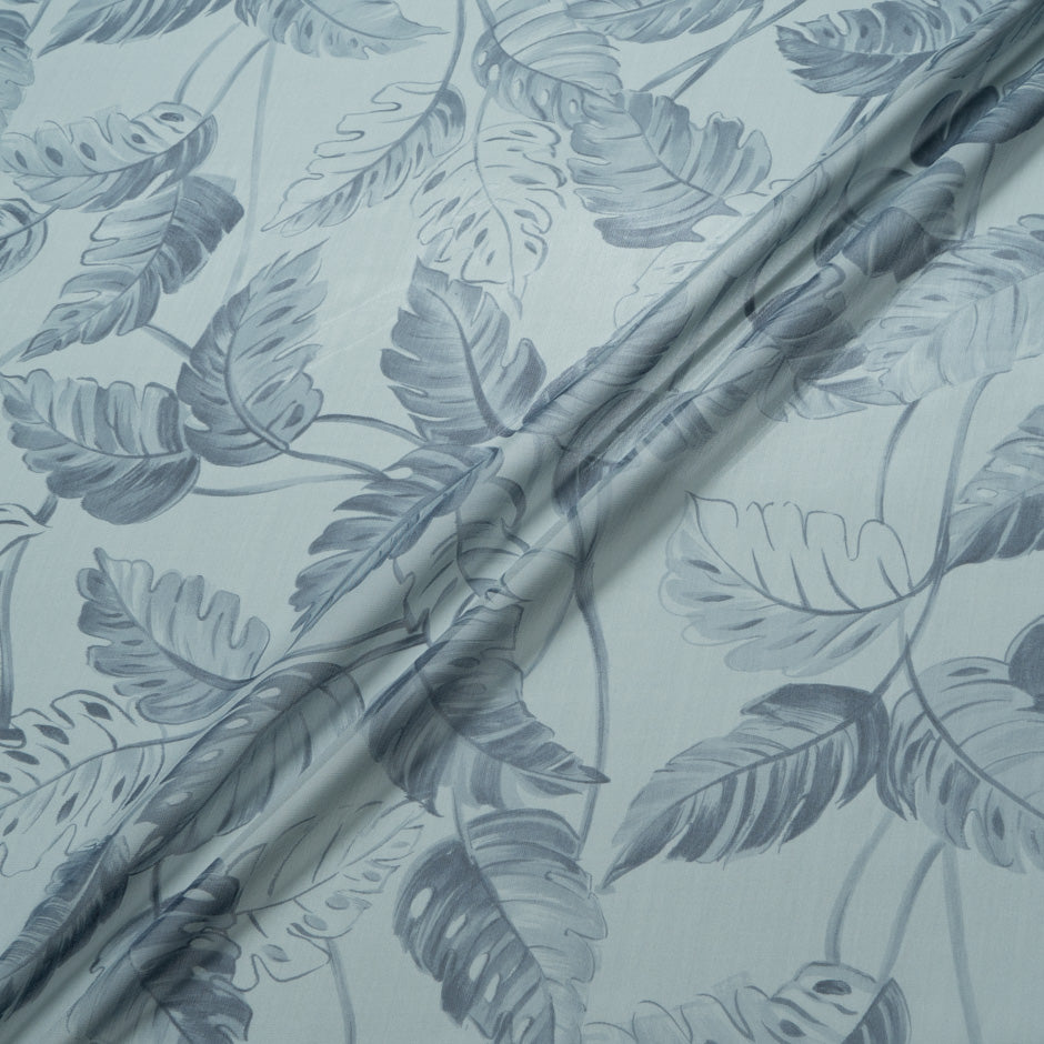 Muted Blue Leaf Printed Silk Georgette