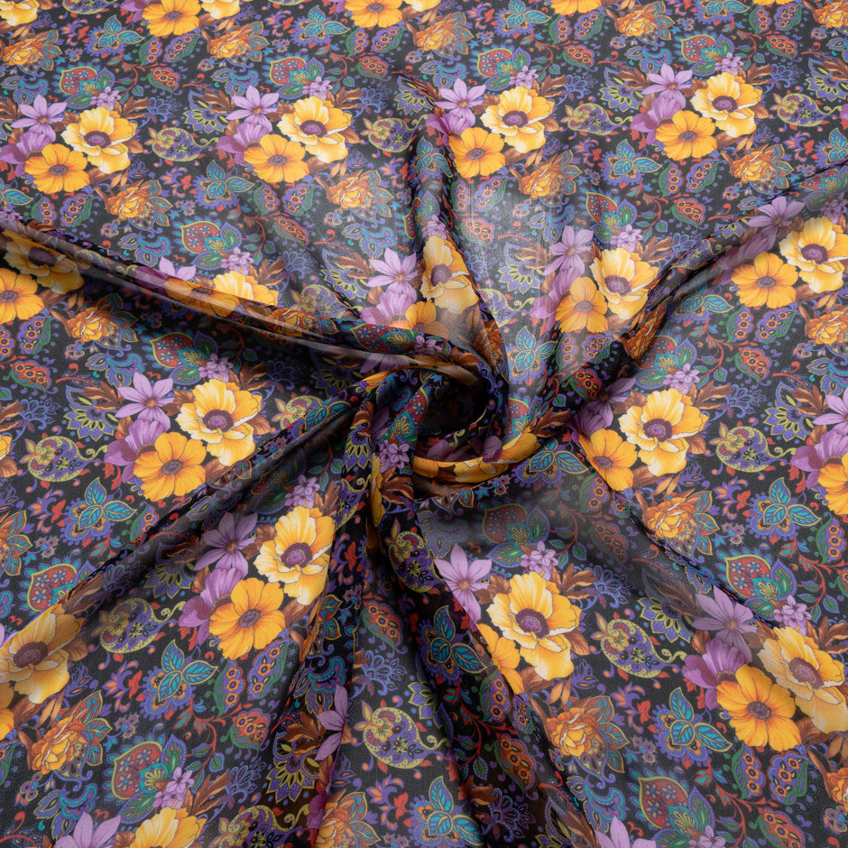 Orange & Purple Floral Printed Pure Silk Georgette