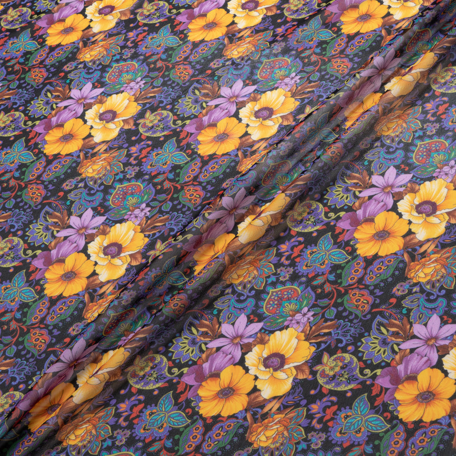 Orange & Purple Floral Printed Pure Silk Georgette