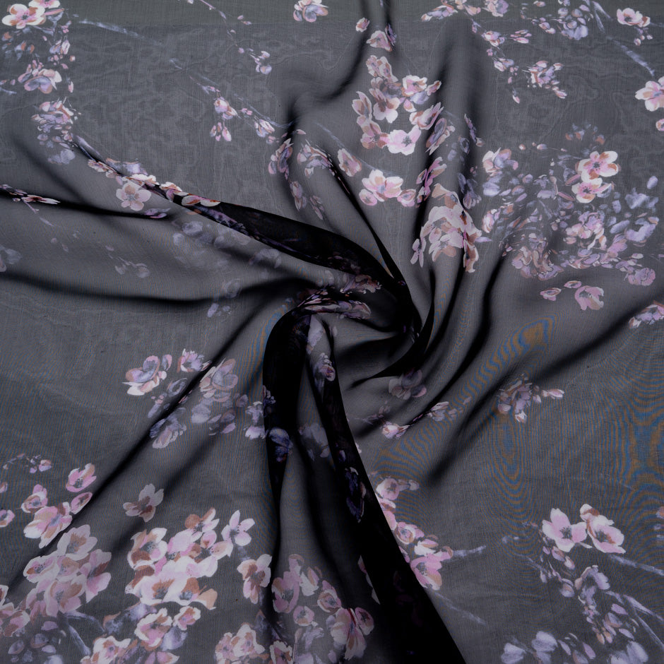 Floral Printed Black Silk Chiffon