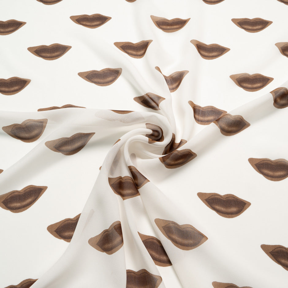 Brown Lips Printed Ivory Pure Silk Georgette