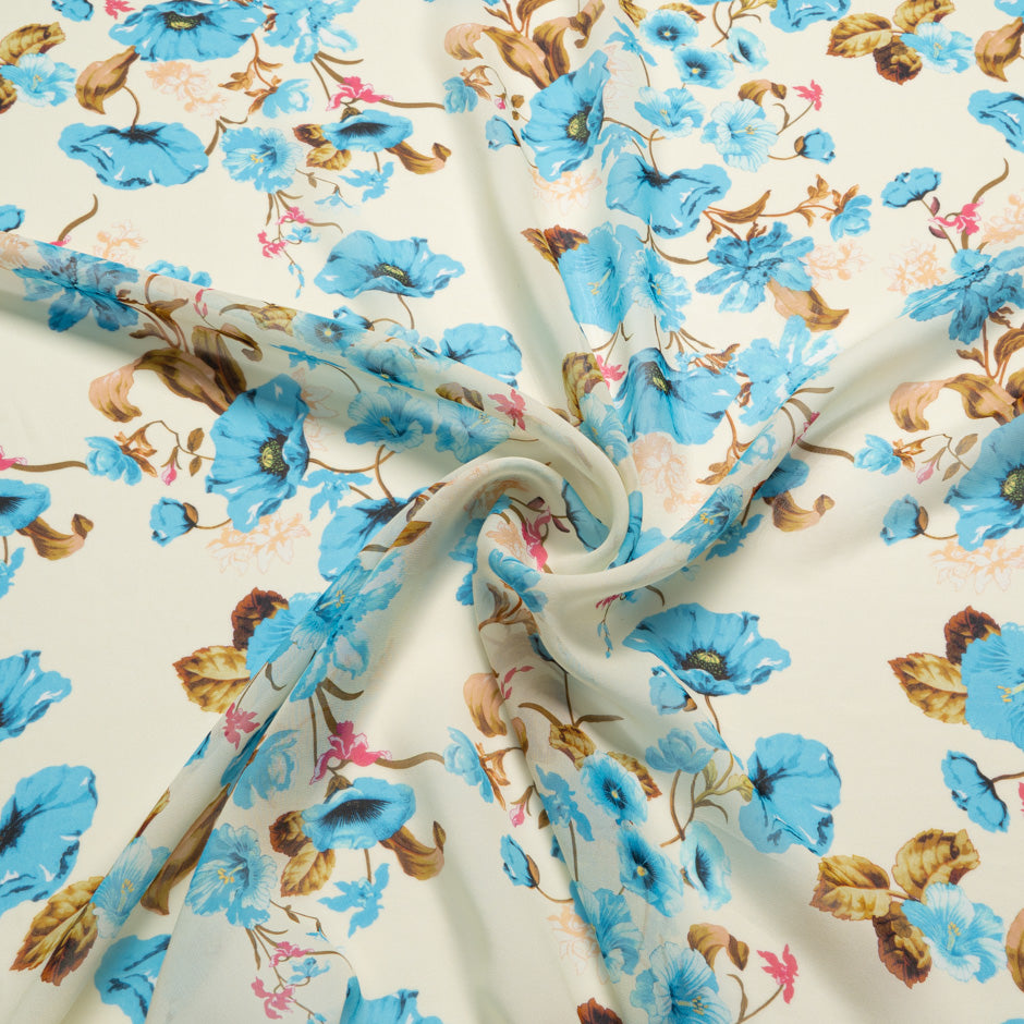 Blue Floral Printed Yellow Pure Silk Georgette