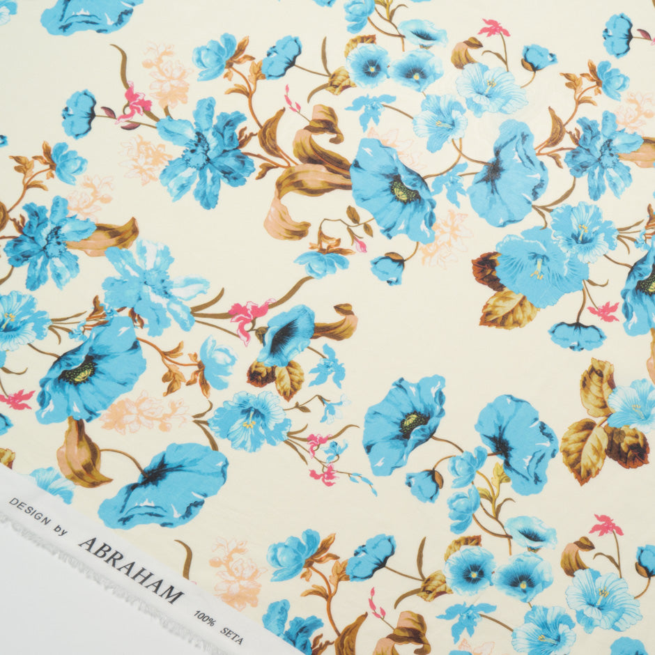 Blue Floral Printed Yellow Pure Silk Georgette