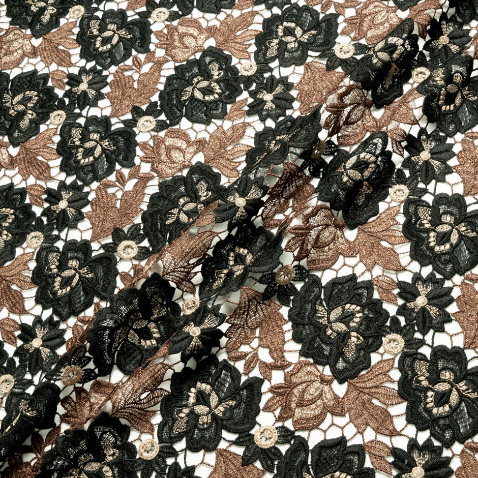 Brown & Black Metallic Floral Guipure Lace