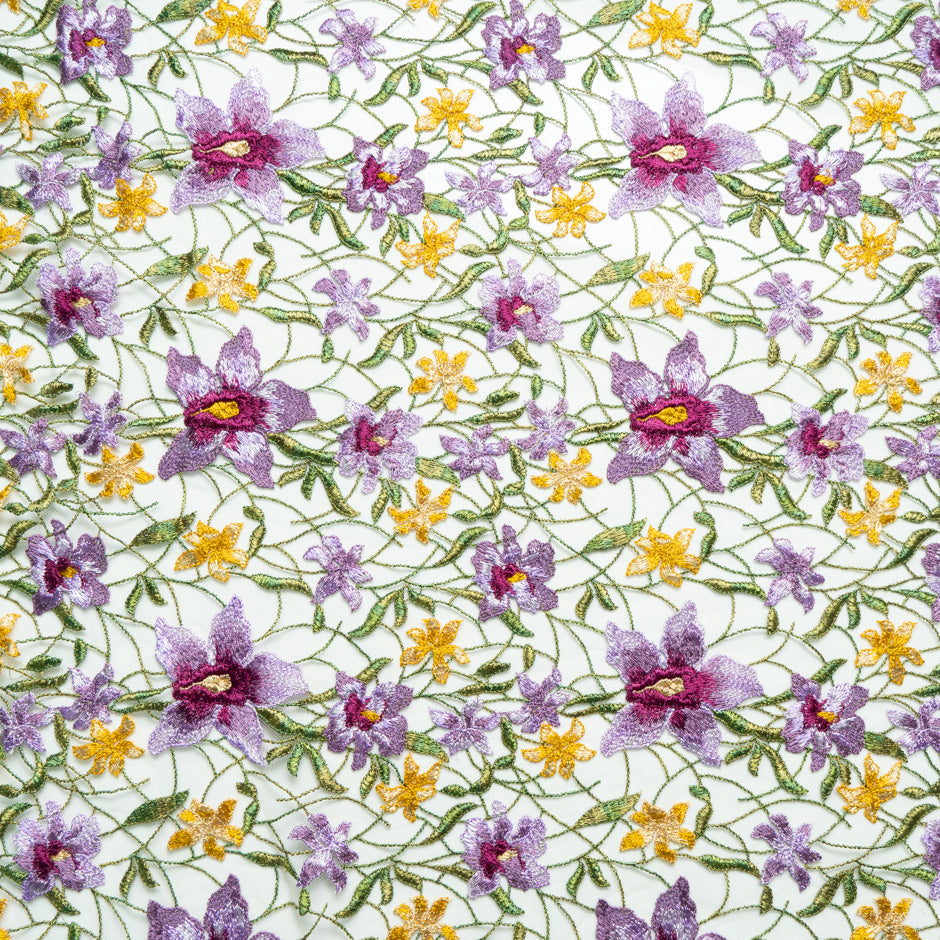 Lilac & Yellow Floral Embroidered Tulle