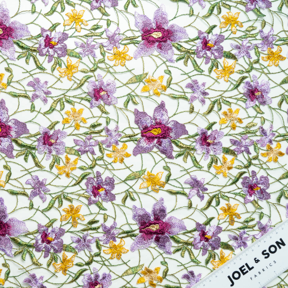Lilac & Yellow Floral Embroidered Tulle