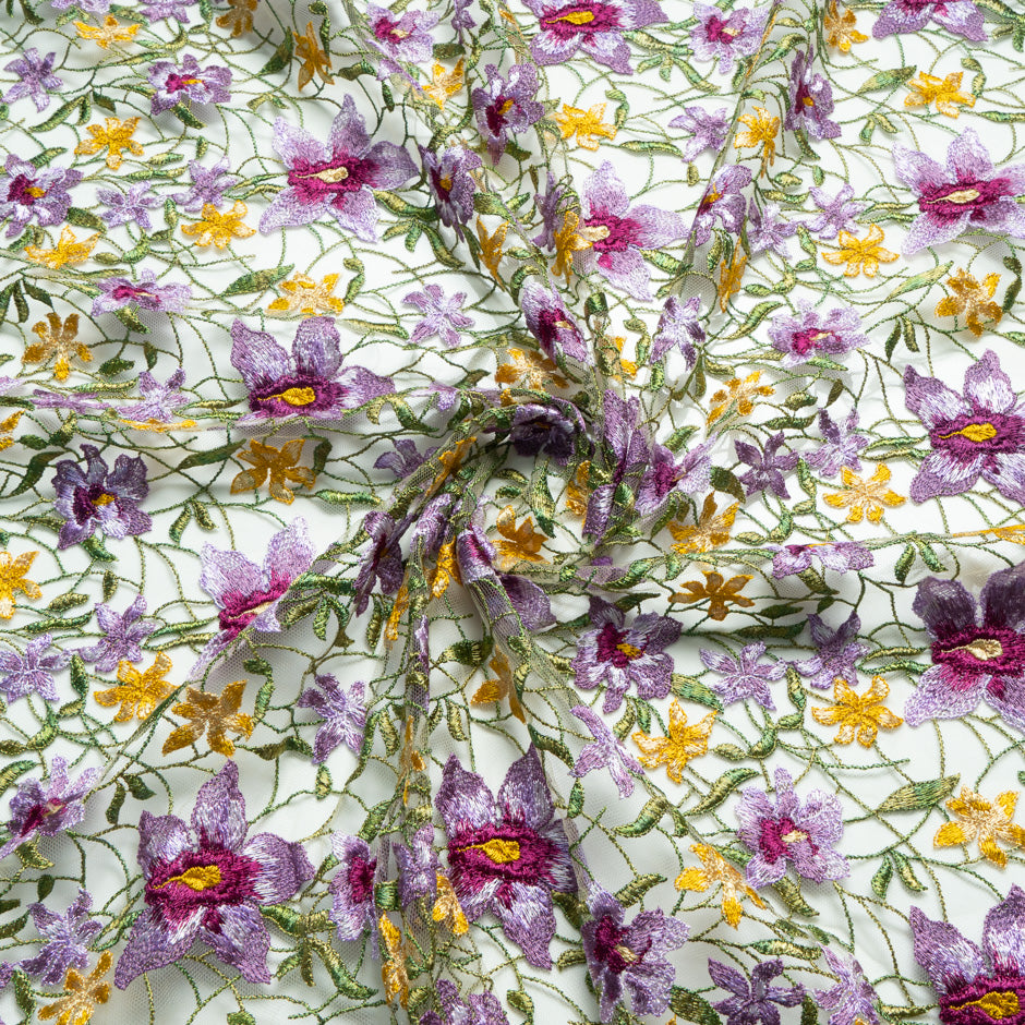 Lilac & Yellow Floral Embroidered Tulle
