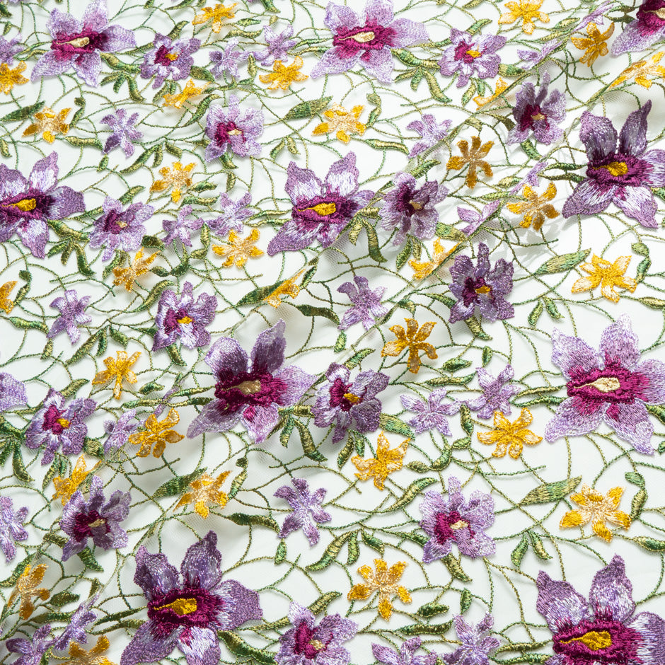 Lilac & Yellow Floral Embroidered Tulle